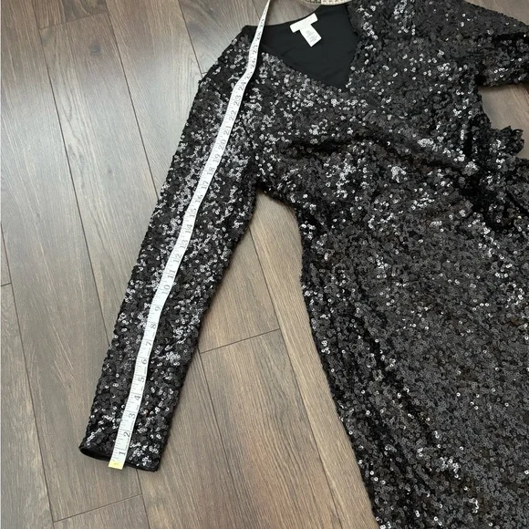 H&M Black Sequin Wrap Midi Dress M | Party Holiday Glam - Picture 12 of 16